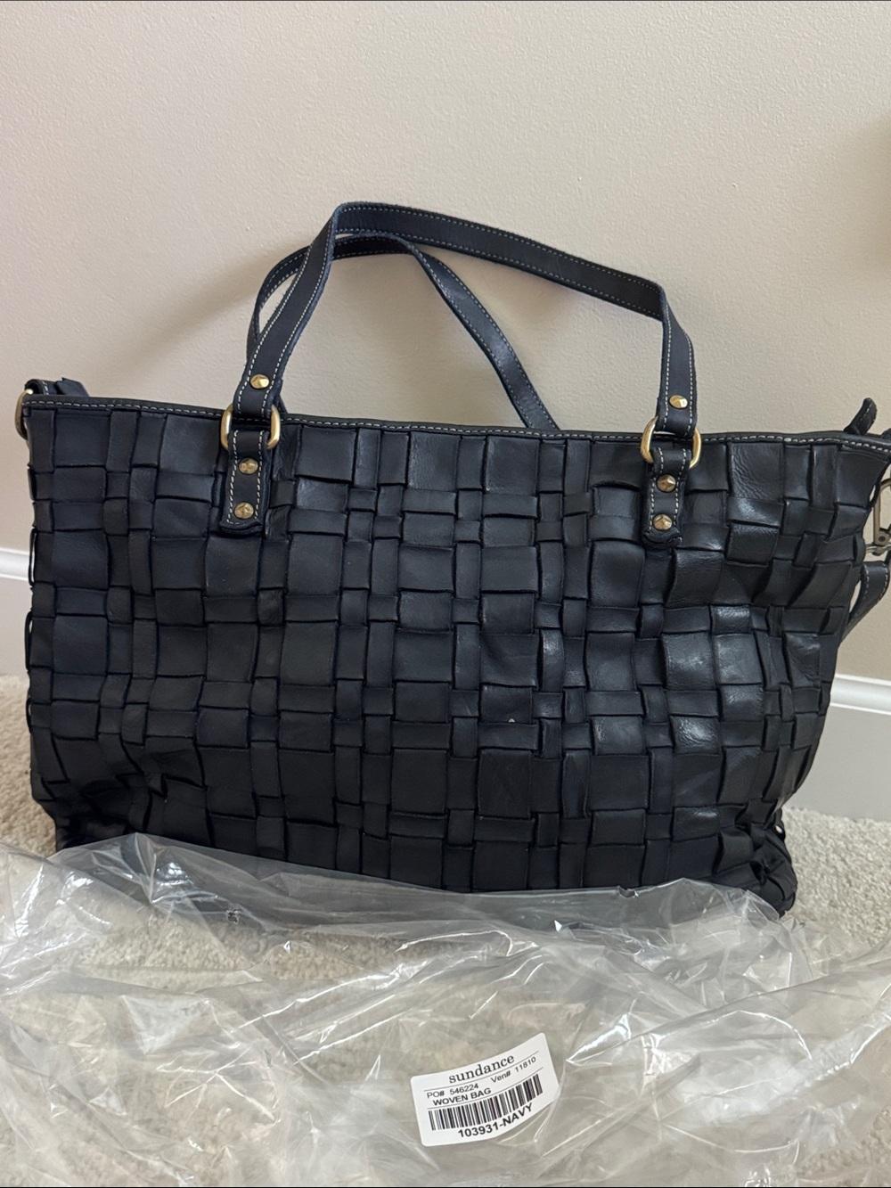 Sundance navy woven leather satchel with removable shoulder strap. NWT